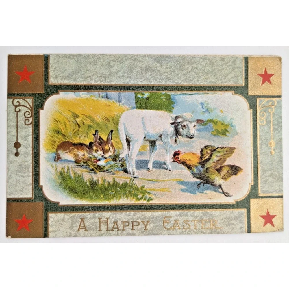 Antique Easter Postcard Bunny Lamb‎ Chicken Gilded Stars Farm Scene Greetings